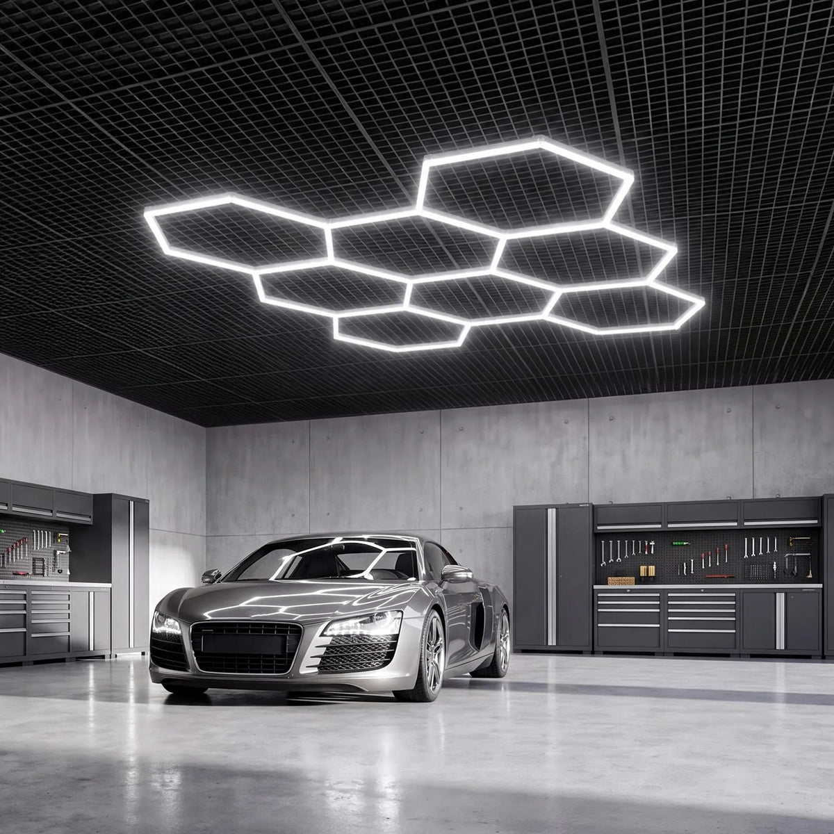 VEVOR sešstūru LED garāžas gaismeklis 248W, 29760lm, 6500K, 8 sekcijas