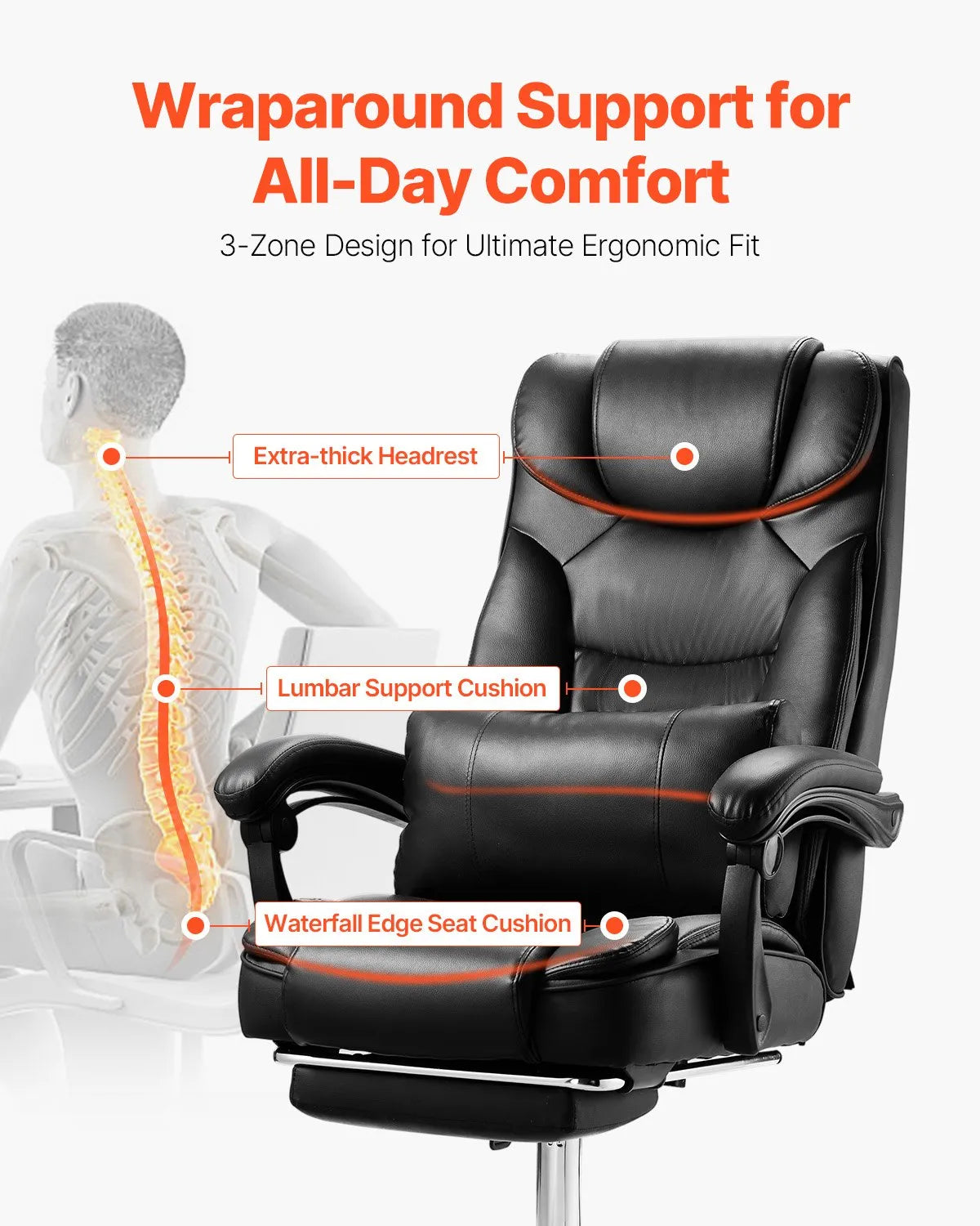 VEVOR Executive Office Chair with Footrest, Lumbar Pillow and 135° Recline, PU Leather, Black, Model 2