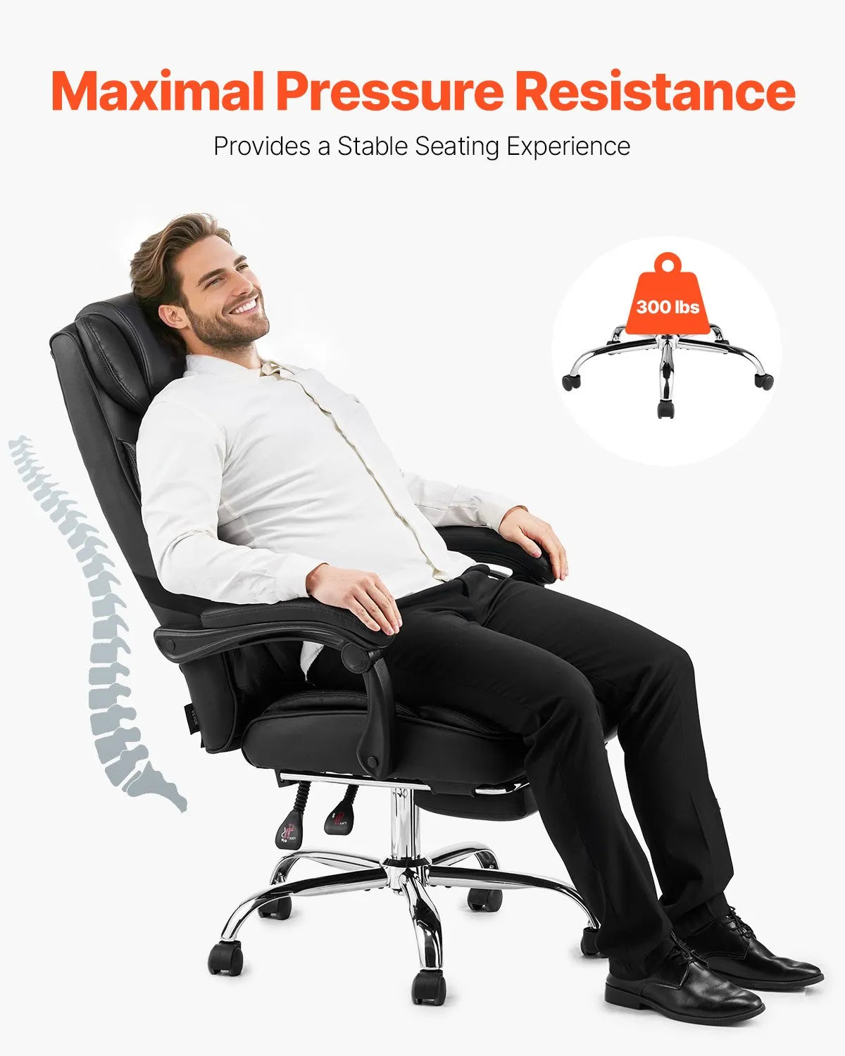 VEVOR Executive Office Chair with Footrest, Lumbar Pillow and 135° Recline, PU Leather, Black, Model 2
