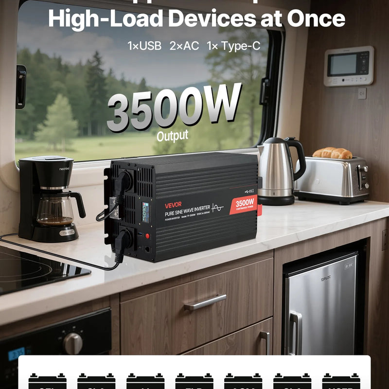 VEVOR 3500 W tīra sinusviļņa invertors 12 V DC uz 230 V AC ar LCD displeju, tālvadības pulti, USB, 2 AC un Type-C pieslēgvietām, piemērots kemperiem, kravas auto un kempingam