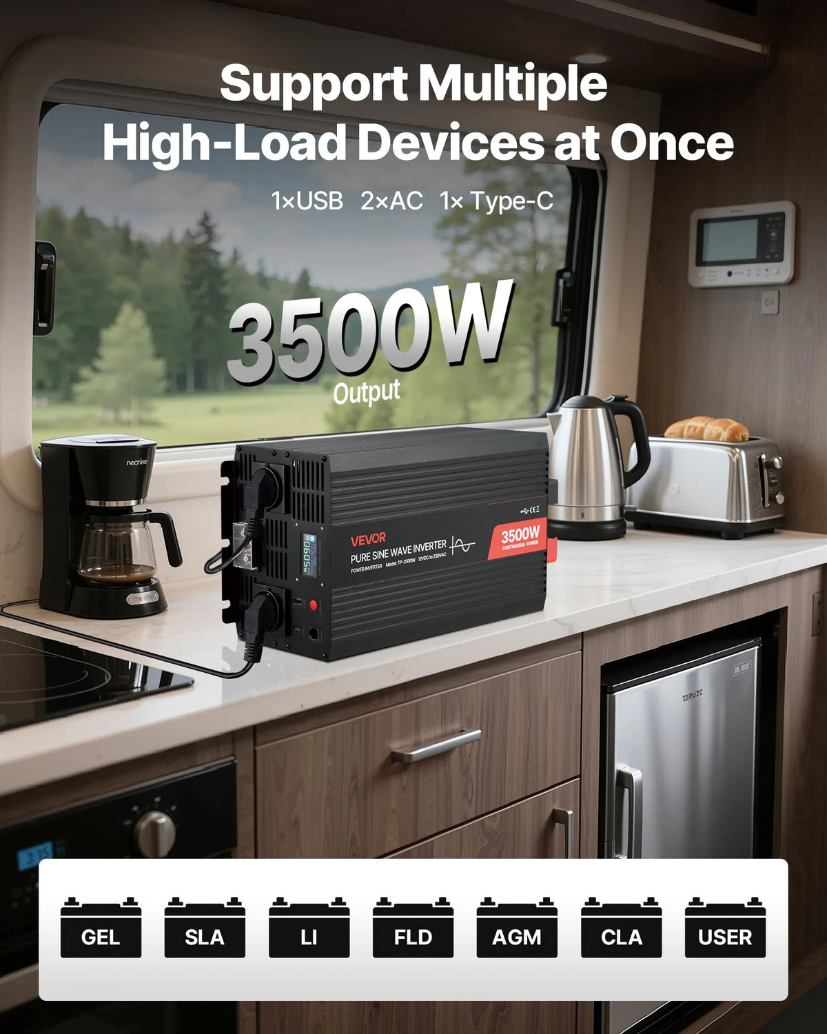 VEVOR 3500 W tīra sinusviļņa invertors 12 V DC uz 230 V AC ar LCD displeju, tālvadības pulti, USB, 2 AC un Type-C pieslēgvietām, piemērots kemperiem, kravas auto un kempingam