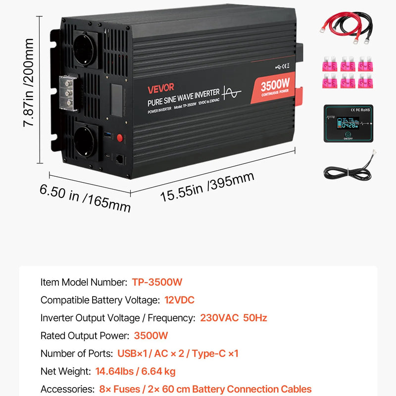 VEVOR 3500 W tīra sinusviļņa invertors 12 V DC uz 230 V AC ar LCD displeju, tālvadības pulti, USB, 2 AC un Type-C pieslēgvietām, piemērots kemperiem, kravas auto un kempingam