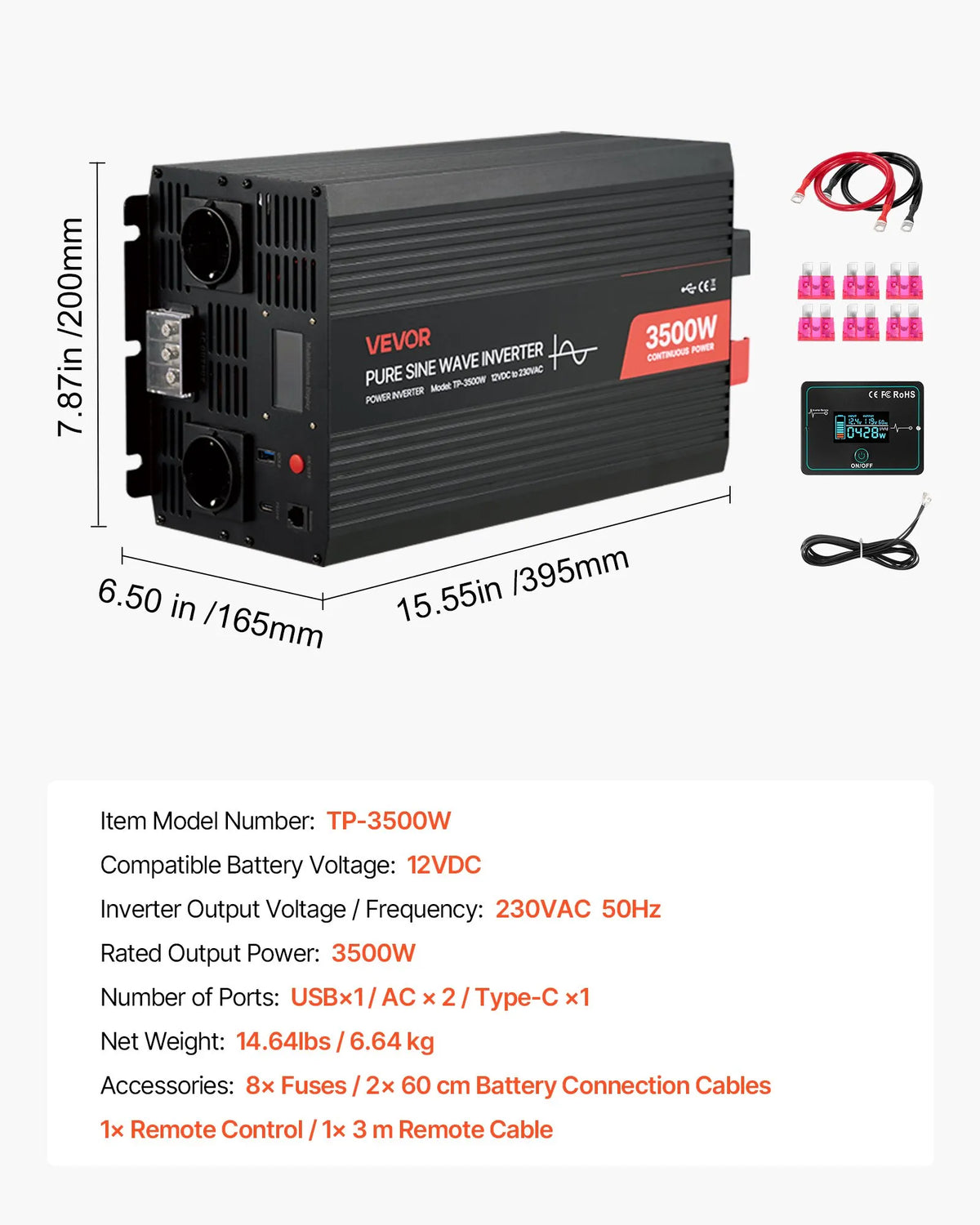 VEVOR 3500 W tīra sinusviļņa invertors 12 V DC uz 230 V AC ar LCD displeju, tālvadības pulti, USB, 2 AC un Type-C pieslēgvietām, piemērots kemperiem, kravas auto un kempingam