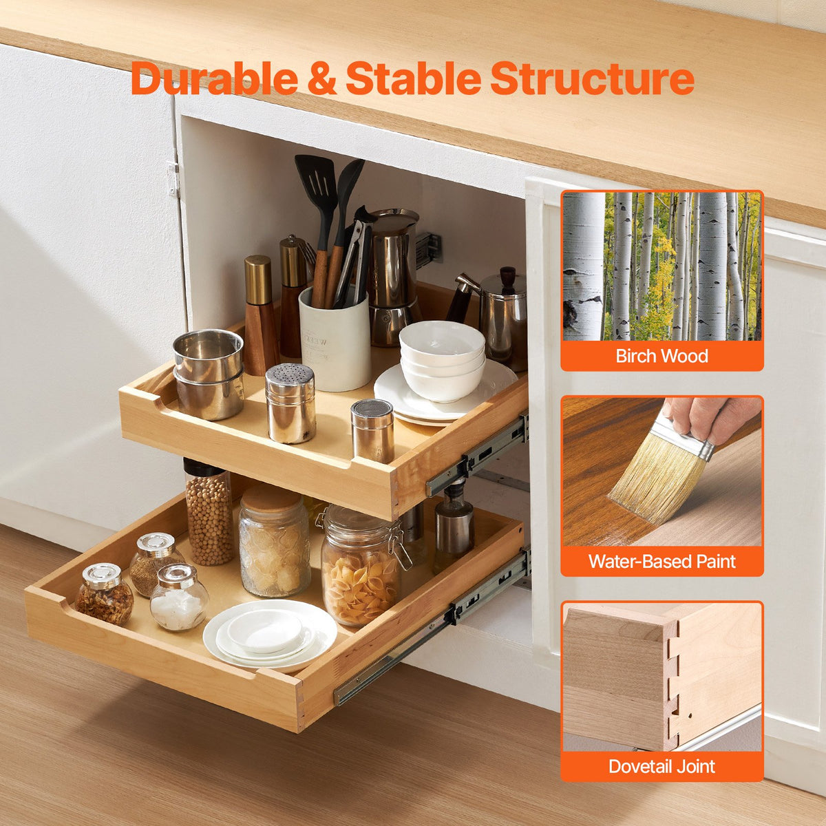 VEVOR Two-Tier Pull-Out Cabinet Organiser with Soft Close, 508 x 533 mm, Wood