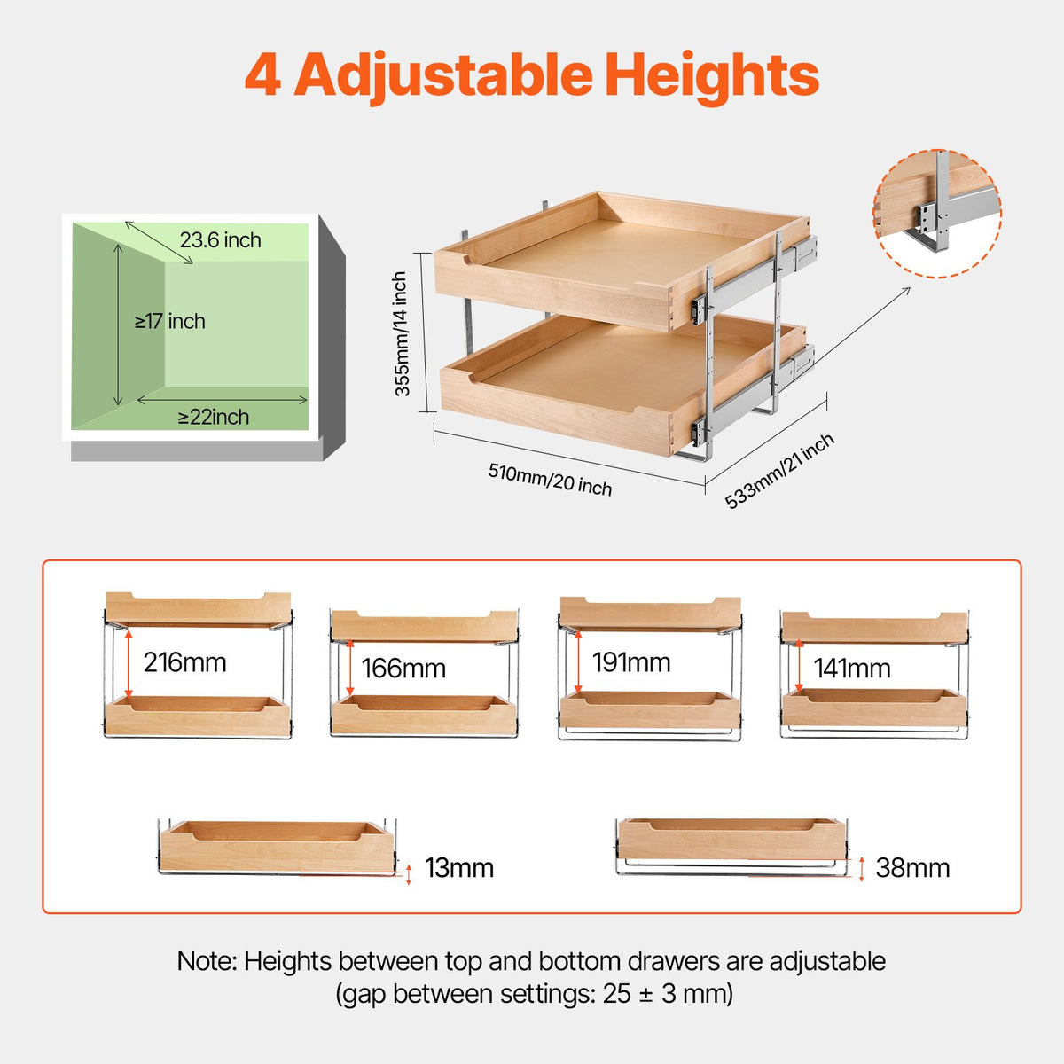 VEVOR Two-Tier Pull-Out Cabinet Organiser with Soft Close, 508 x 533 mm, Wood