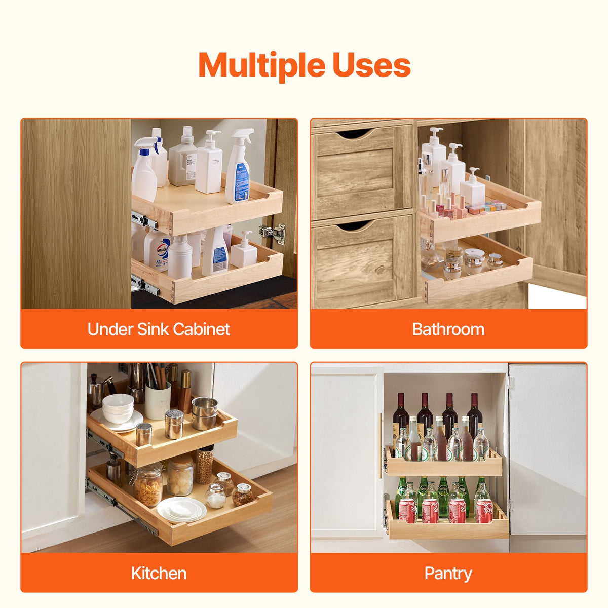 VEVOR Two-Tier Pull-Out Cabinet Organiser with Soft Close, 508 x 533 mm, Wood