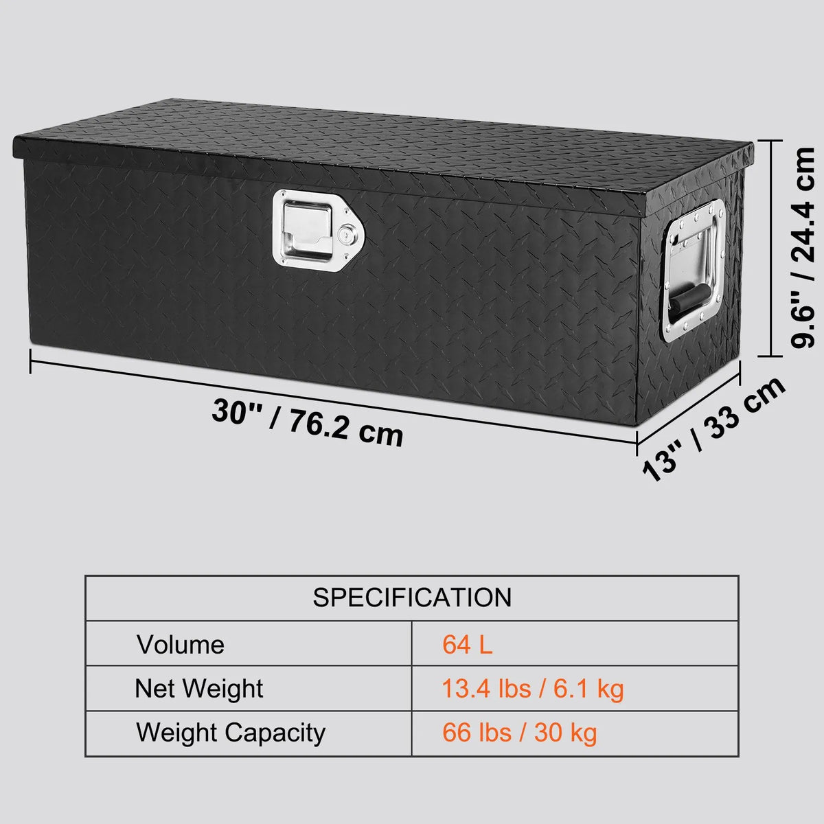 VEVOR Heavy-Duty Aluminium Tool Box for Truck Bed, Diamond Plate Storage Box with Side Handle and Locking Lid, Organiser for Pickups, Trucks, Campers and Trailers, 762 × 330 × 244 mm, Black
