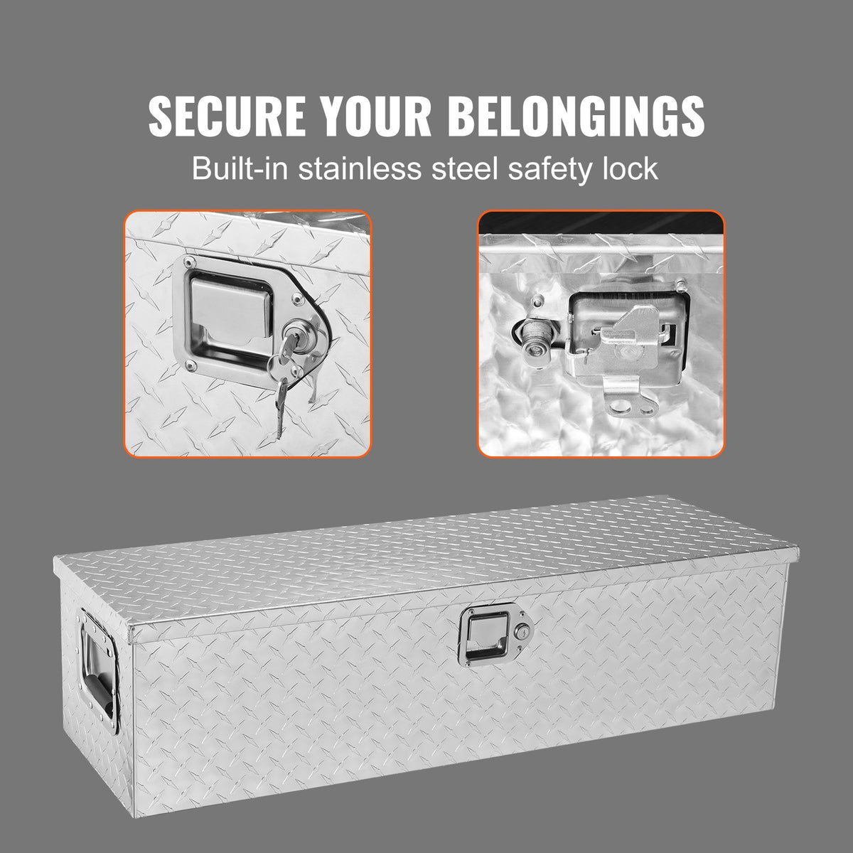 Heavy-duty aluminium tool box 990×330×255 mm, silver, with handle and lock, suitable for trucks, trailers and campers
