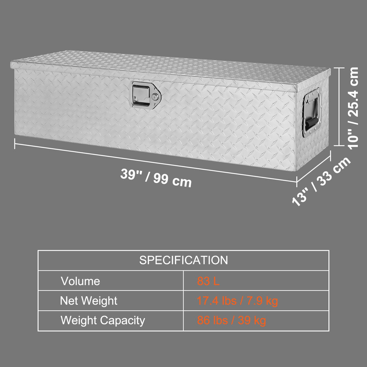 Heavy-duty aluminium tool box 990×330×255 mm, silver, with handle and lock, suitable for trucks, trailers and campers