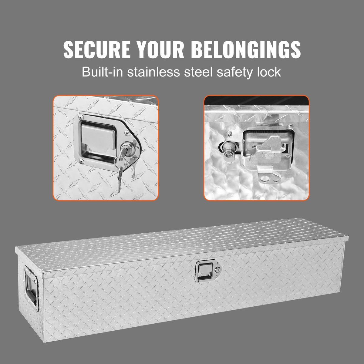 VEVOR Heavy-Duty Aluminium Tool Box, Diamond Plate, Side Handles, Lock with Keys, Storage Box for Pickups, RVs and Trailers, 122 x 38 x 38 cm, Silver