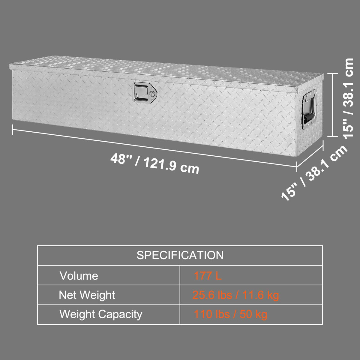 VEVOR Heavy-Duty Aluminium Tool Box, Diamond Plate, Side Handles, Lock with Keys, Storage Box for Pickups, RVs and Trailers, 122 x 38 x 38 cm, Silver