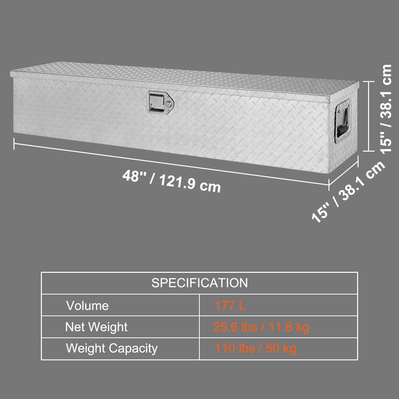 VEVOR smaga darba alumīnija instrumentu kaste, dimanta plāksne, sānu rokturis, slēdzene ar atslēgām, uzglabāšanas kaste pikapiem, RV un piekabēm, 122 x 38 x 38 cm, sudraba