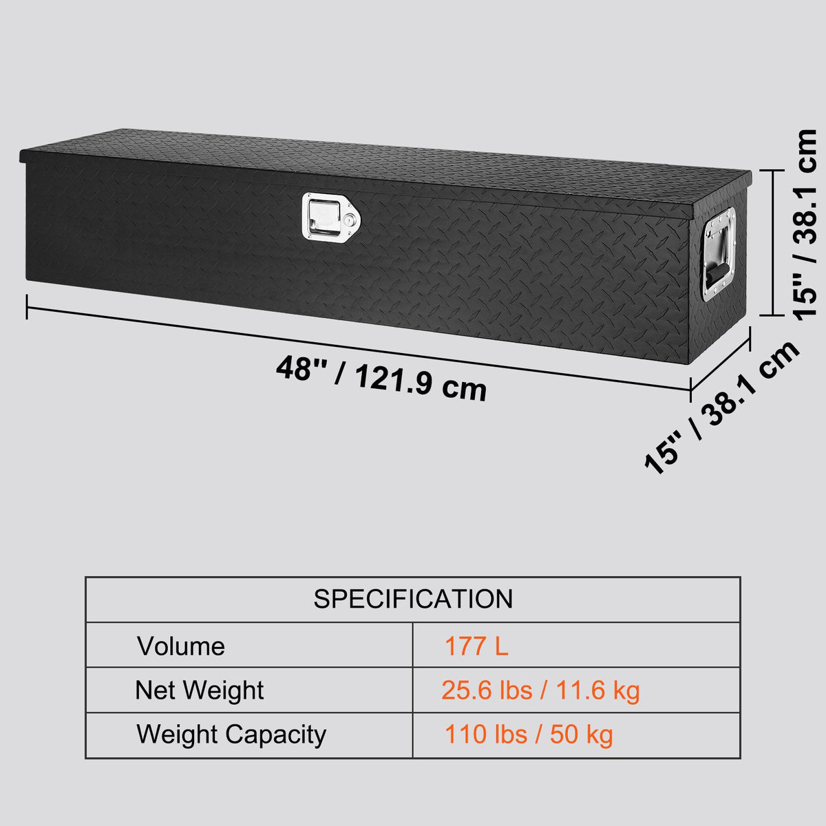 VEVOR pikapa rīku kaste 121,9 × 38,1 × 38,1 см, paredzēta spaiņiem, uzturēšanas rīkiem, ugunsdzēsības aparatiem, bridinājuma zīmēm uc 