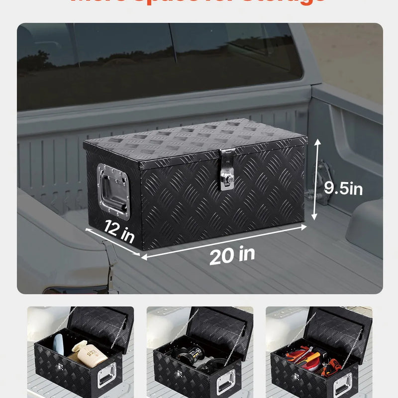 VEVOR smagās slodzes alumīnija kravas automašīnas instrumentu kaste, 508×304,8×241,3 mm rievota uzglabāšanas kaste ar sānu rokturi un slēdzeni ar atslēgām, melna, piemērota piekabēm, pikapiem un kemperiem