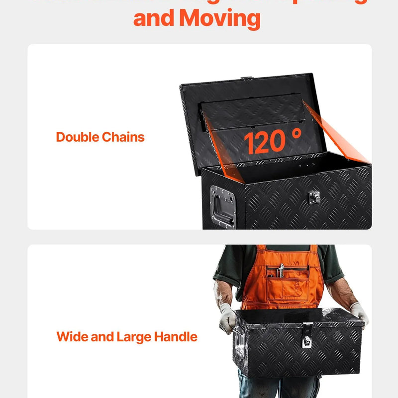 VEVOR smagās slodzes alumīnija kravas automašīnas instrumentu kaste, 508×304,8×241,3 mm rievota uzglabāšanas kaste ar sānu rokturi un slēdzeni ar atslēgām, melna, piemērota piekabēm, pikapiem un kemperiem