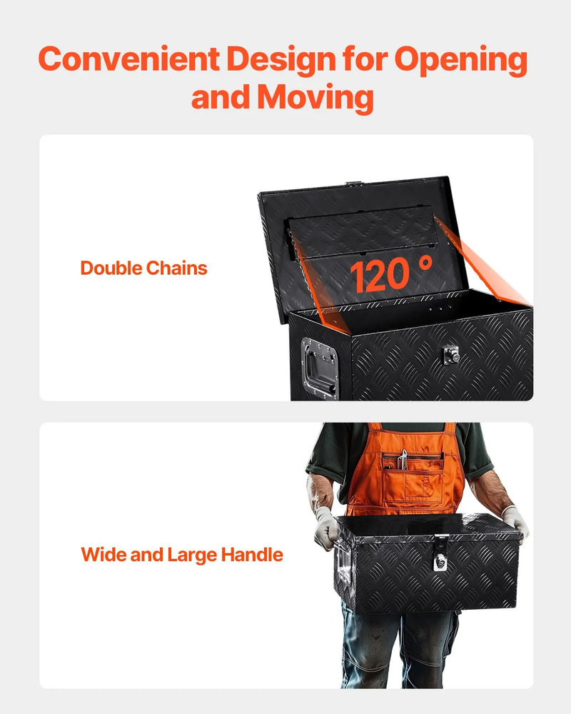 VEVOR smagās slodzes alumīnija kravas automašīnas instrumentu kaste, 508×304,8×241,3 mm rievota uzglabāšanas kaste ar sānu rokturi un slēdzeni ar atslēgām, melna, piemērota piekabēm, pikapiem un kemperiem