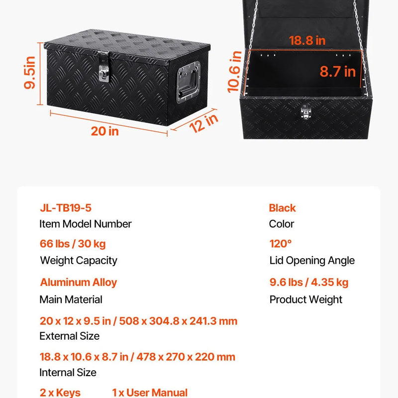 VEVOR smagās slodzes alumīnija kravas automašīnas instrumentu kaste, 508×304,8×241,3 mm rievota uzglabāšanas kaste ar sānu rokturi un slēdzeni ar atslēgām, melna, piemērota piekabēm, pikapiem un kemperiem