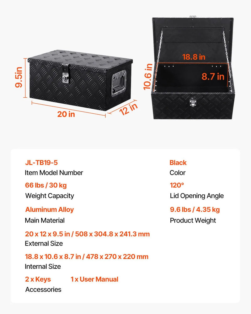 VEVOR smagās slodzes alumīnija kravas automašīnas instrumentu kaste, 508×304,8×241,3 mm rievota uzglabāšanas kaste ar sānu rokturi un slēdzeni ar atslēgām, melna, piemērota piekabēm, pikapiem un kemperiem