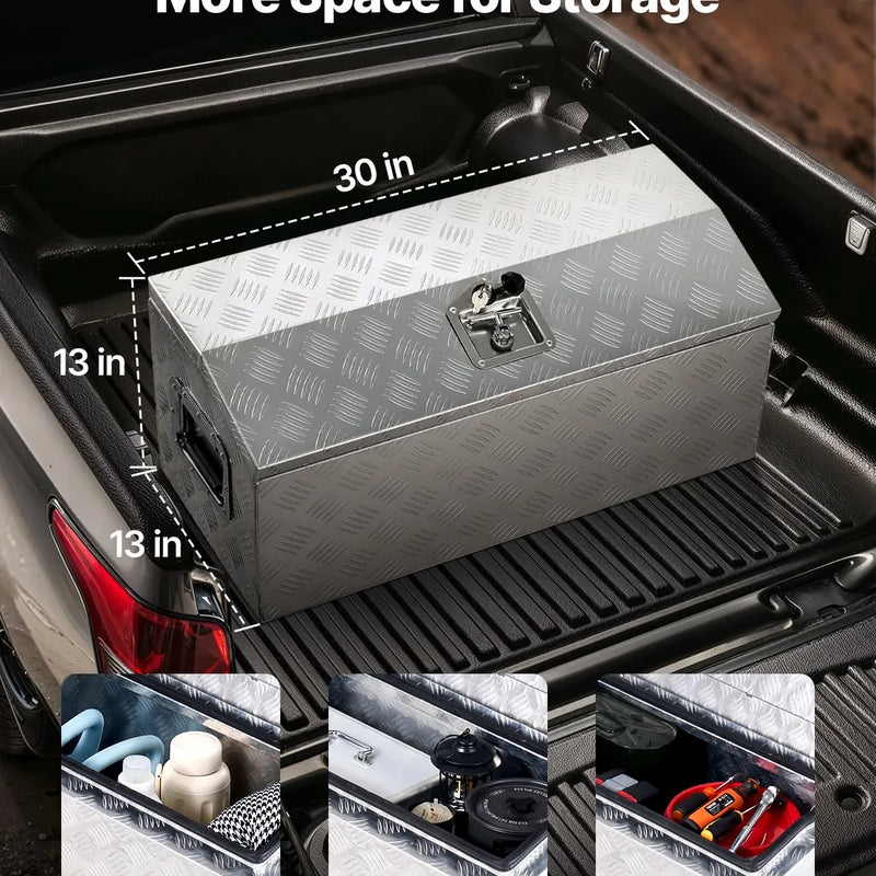 VEVOR smagās slodzes alumīnija kravas automašīnas instrumentu kaste, 762×330,2×330,2 mm rievota uzglabāšanas kaste ar sānu rokturi un T veida slēdzeni ar atslēgām, sudraba krāsa, piemērota piekabēm, pikapiem un kemperiem