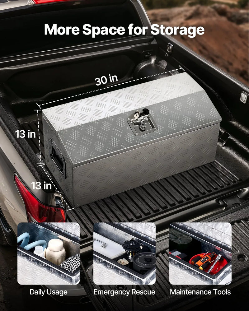 VEVOR smagās slodzes alumīnija kravas automašīnas instrumentu kaste, 762×330,2×330,2 mm rievota uzglabāšanas kaste ar sānu rokturi un T veida slēdzeni ar atslēgām, sudraba krāsa, piemērota piekabēm, pikapiem un kemperiem