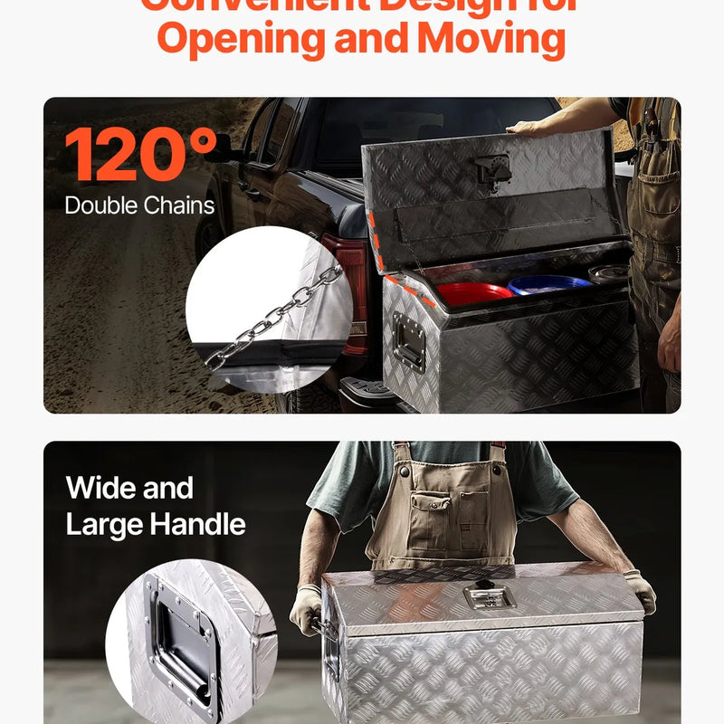 VEVOR smagās slodzes alumīnija kravas automašīnas instrumentu kaste, 762×330,2×330,2 mm rievota uzglabāšanas kaste ar sānu rokturi un T veida slēdzeni ar atslēgām, sudraba krāsa, piemērota piekabēm, pikapiem un kemperiem