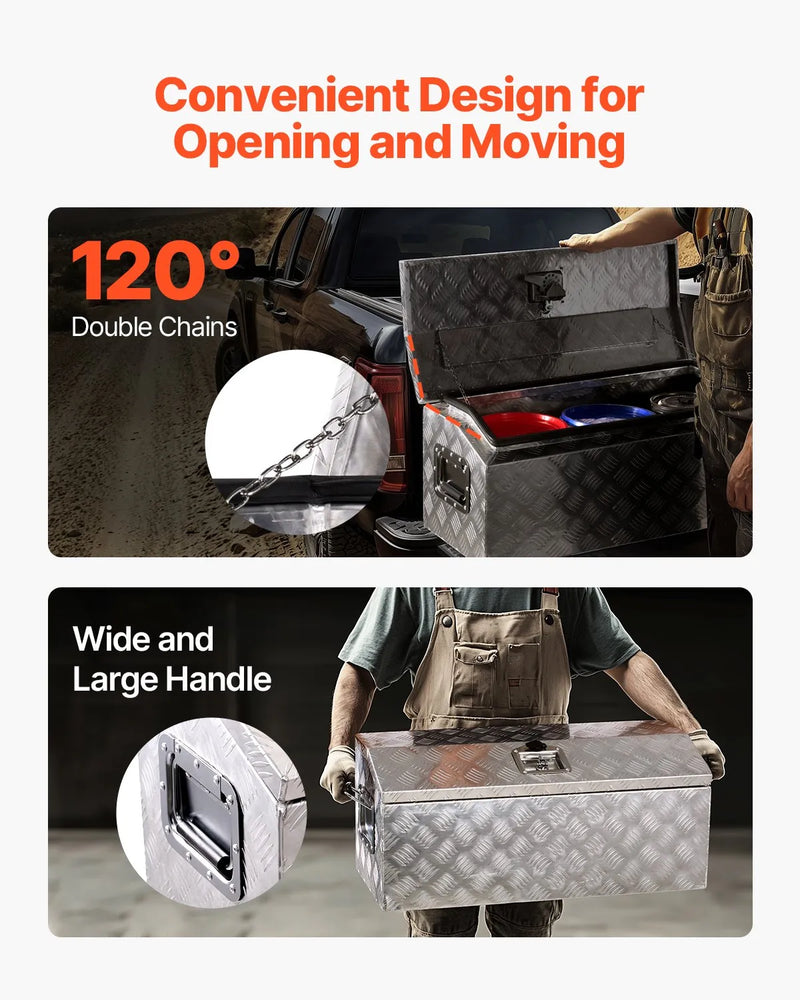 VEVOR smagās slodzes alumīnija kravas automašīnas instrumentu kaste, 762×330,2×330,2 mm rievota uzglabāšanas kaste ar sānu rokturi un T veida slēdzeni ar atslēgām, sudraba krāsa, piemērota piekabēm, pikapiem un kemperiem