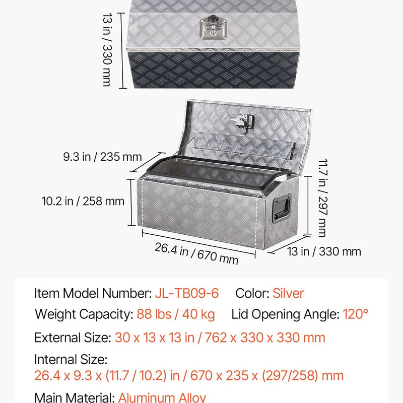 VEVOR smagās slodzes alumīnija kravas automašīnas instrumentu kaste, 762×330,2×330,2 mm rievota uzglabāšanas kaste ar sānu rokturi un T veida slēdzeni ar atslēgām, sudraba krāsa, piemērota piekabēm, pikapiem un kemperiem