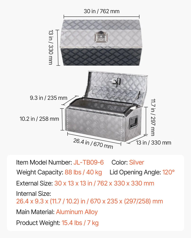 VEVOR smagās slodzes alumīnija kravas automašīnas instrumentu kaste, 762×330,2×330,2 mm rievota uzglabāšanas kaste ar sānu rokturi un T veida slēdzeni ar atslēgām, sudraba krāsa, piemērota piekabēm, pikapiem un kemperiem