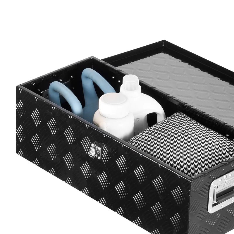 VEVOR smagās slodzes alumīnija kravas automašīnas instrumentu kaste, 762×330,2×243,84 mm rievota uzglabāšanas kaste ar sānu rokturi un slēdzeni ar atslēgām, melna, piemērota piekabēm, pikapiem un kemperiem