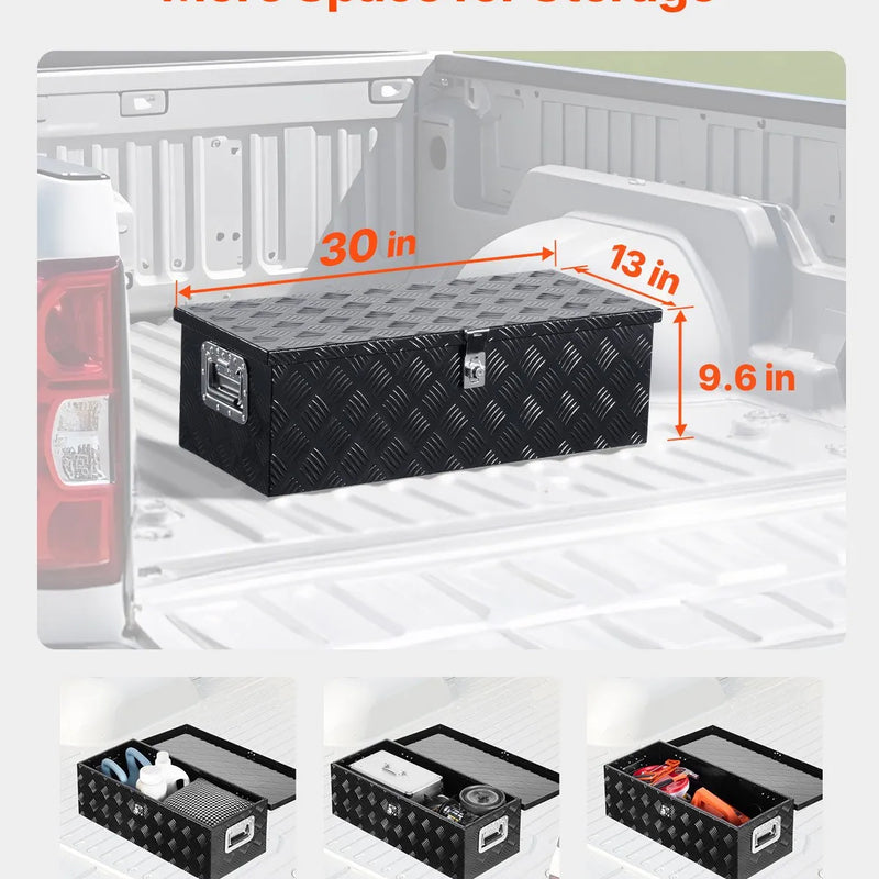 VEVOR smagās slodzes alumīnija kravas automašīnas instrumentu kaste, 762×330,2×243,84 mm rievota uzglabāšanas kaste ar sānu rokturi un slēdzeni ar atslēgām, melna, piemērota piekabēm, pikapiem un kemperiem