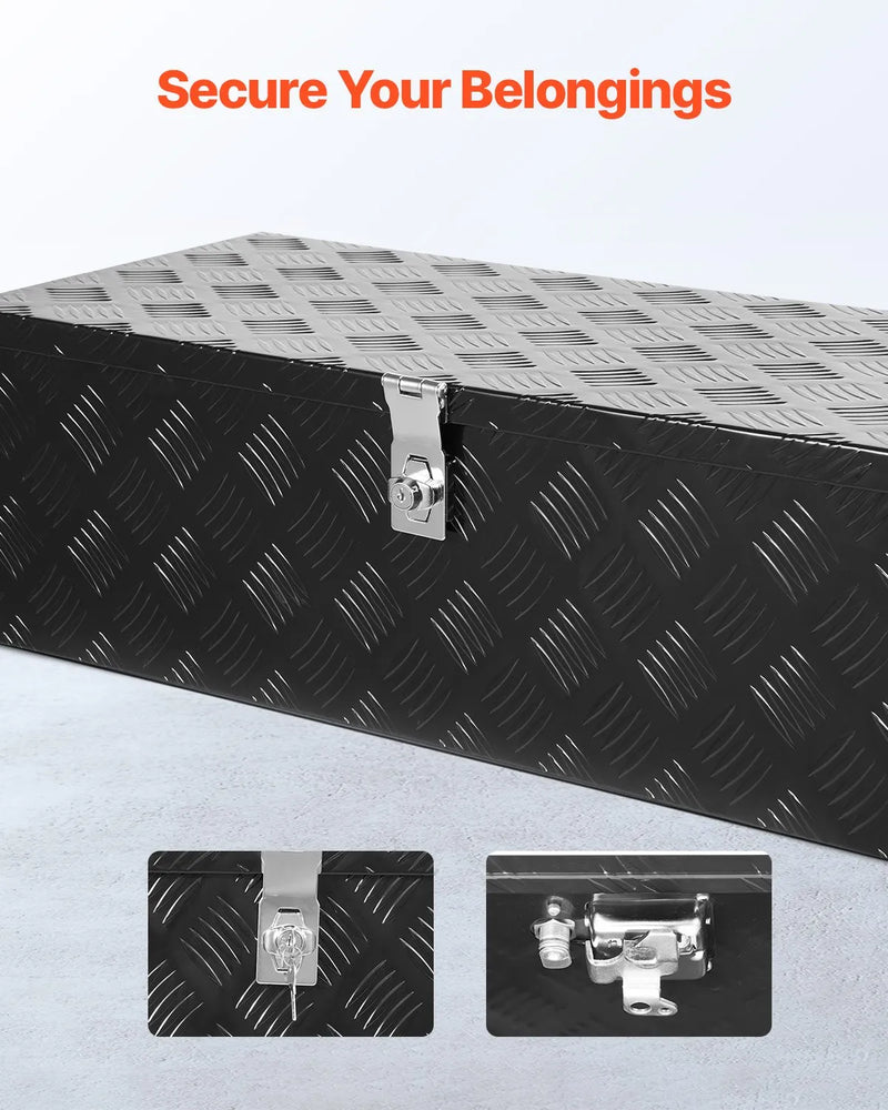 VEVOR smagās slodzes alumīnija kravas automašīnas instrumentu kaste, 762×330,2×243,84 mm rievota uzglabāšanas kaste ar sānu rokturi un slēdzeni ar atslēgām, melna, piemērota piekabēm, pikapiem un kemperiem