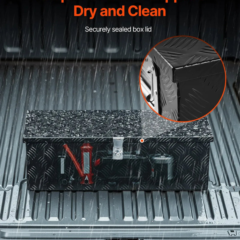 VEVOR smagās slodzes alumīnija kravas automašīnas instrumentu kaste, 762×330,2×243,84 mm rievota uzglabāšanas kaste ar sānu rokturi un slēdzeni ar atslēgām, melna, piemērota piekabēm, pikapiem un kemperiem