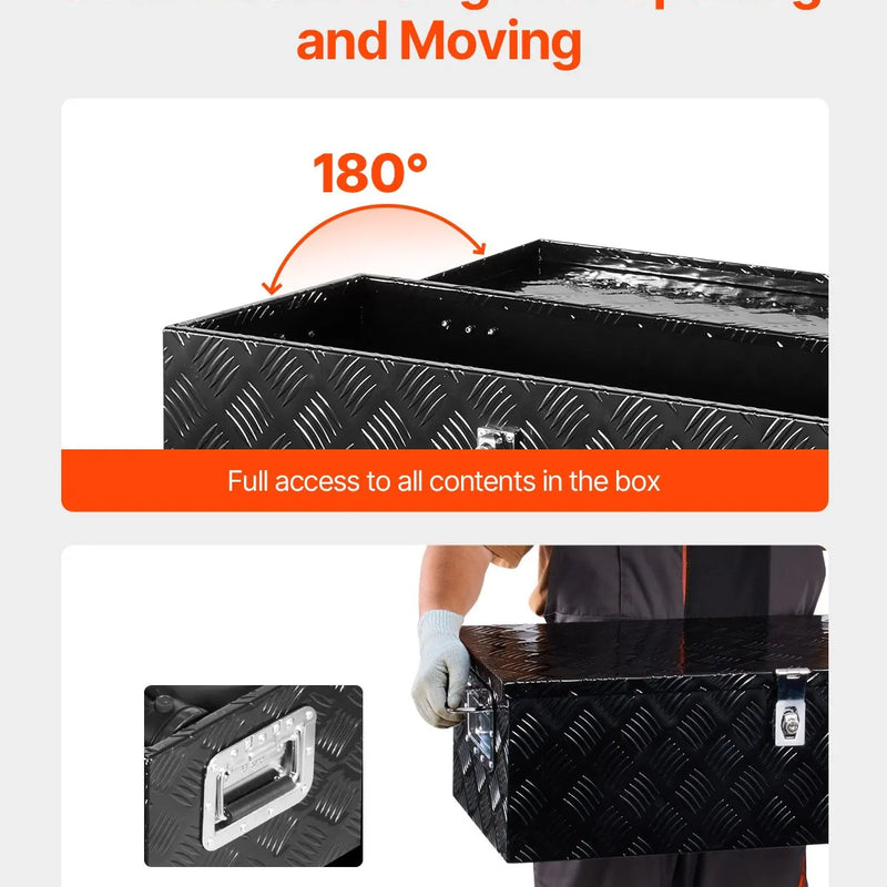 VEVOR smagās slodzes alumīnija kravas automašīnas instrumentu kaste, 762×330,2×243,84 mm rievota uzglabāšanas kaste ar sānu rokturi un slēdzeni ar atslēgām, melna, piemērota piekabēm, pikapiem un kemperiem