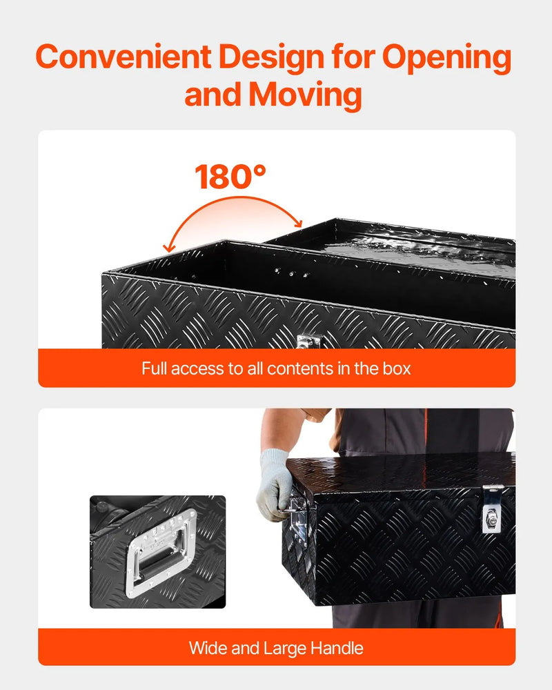 VEVOR smagās slodzes alumīnija kravas automašīnas instrumentu kaste, 762×330,2×243,84 mm rievota uzglabāšanas kaste ar sānu rokturi un slēdzeni ar atslēgām, melna, piemērota piekabēm, pikapiem un kemperiem