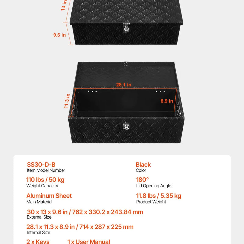 VEVOR smagās slodzes alumīnija kravas automašīnas instrumentu kaste, 762×330,2×243,84 mm rievota uzglabāšanas kaste ar sānu rokturi un slēdzeni ar atslēgām, melna, piemērota piekabēm, pikapiem un kemperiem
