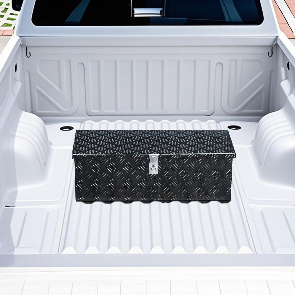 VEVOR smagās slodzes alumīnija kravas automašīnas instrumentu kaste, 762×330,2×243,84 mm rievota uzglabāšanas kaste ar sānu rokturi un slēdzeni ar atslēgām, melna, piemērota piekabēm, pikapiem un kemperiem