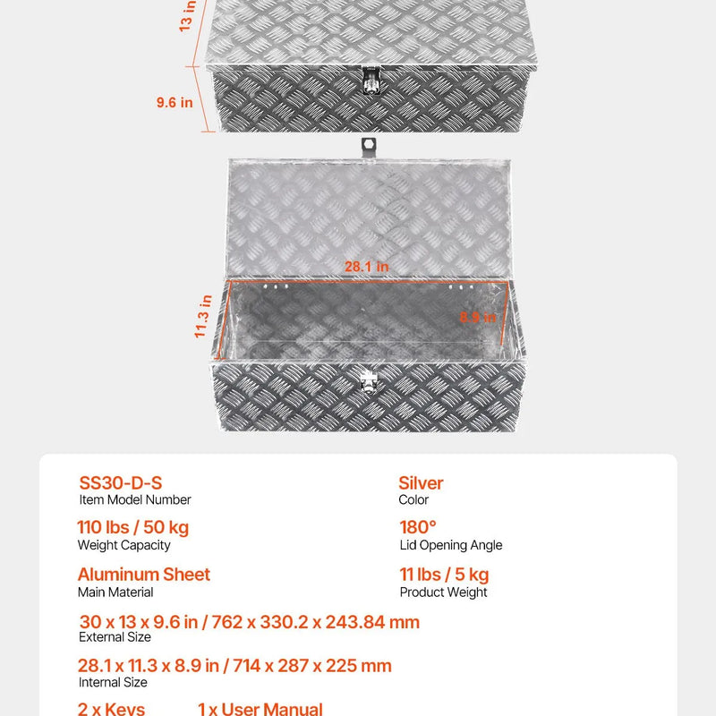 VEVOR smagās slodzes alumīnija kravas kastes instrumentu kaste ar rievojuma pārklājumu, sānu rokturiem un slēdzeni, 762×330×244 mm, sudraba krāsa