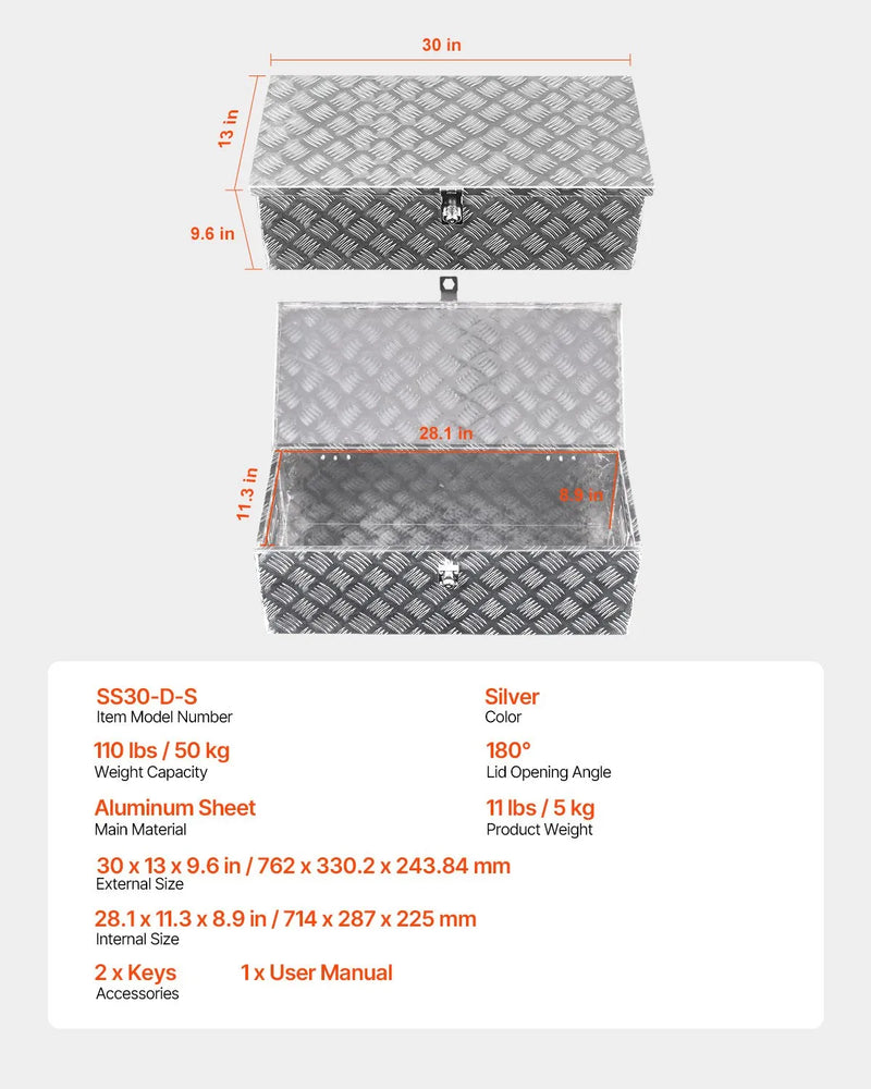 VEVOR smagās slodzes alumīnija kravas kastes instrumentu kaste ar rievojuma pārklājumu, sānu rokturiem un slēdzeni, 762×330×244 mm, sudraba krāsa