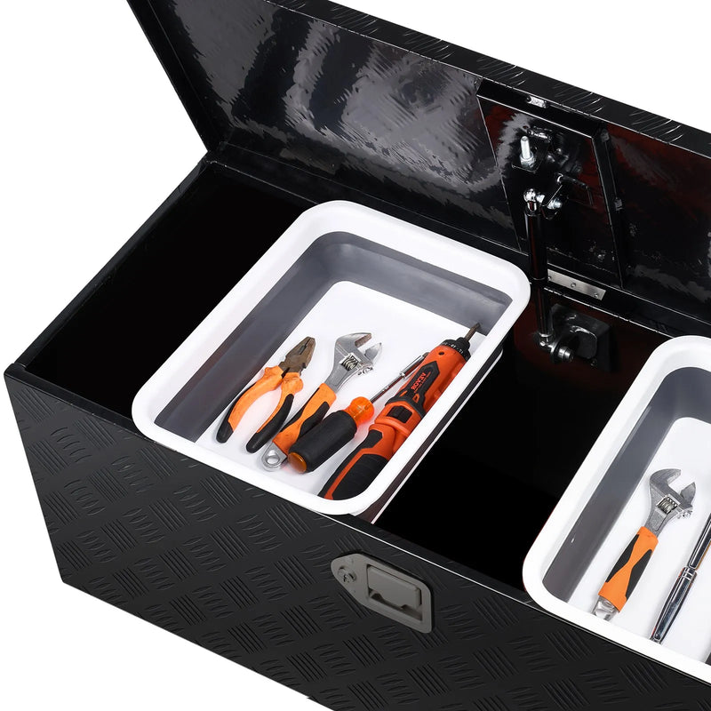 VEVOR smagās slodzes alumīnija kravas kastes instrumentu kaste ar rievotu pārklājumu, bīdāmu plauktu, sānu rokturi un slēdzeni, 899×370×370 mm, melna