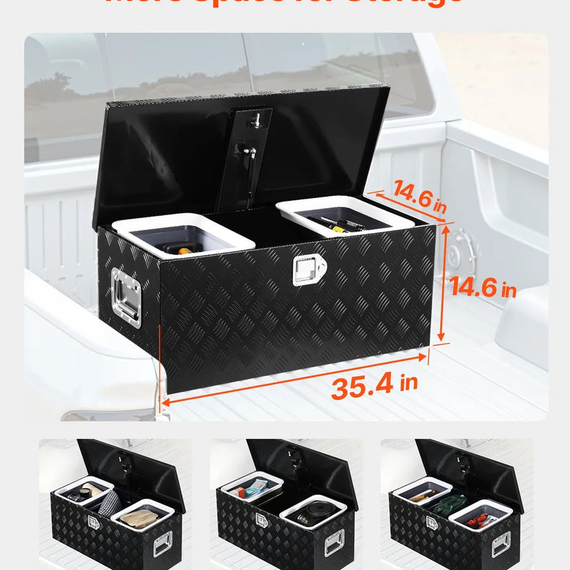 VEVOR smagās slodzes alumīnija kravas kastes instrumentu kaste ar rievotu pārklājumu, bīdāmu plauktu, sānu rokturi un slēdzeni, 899×370×370 mm, melna