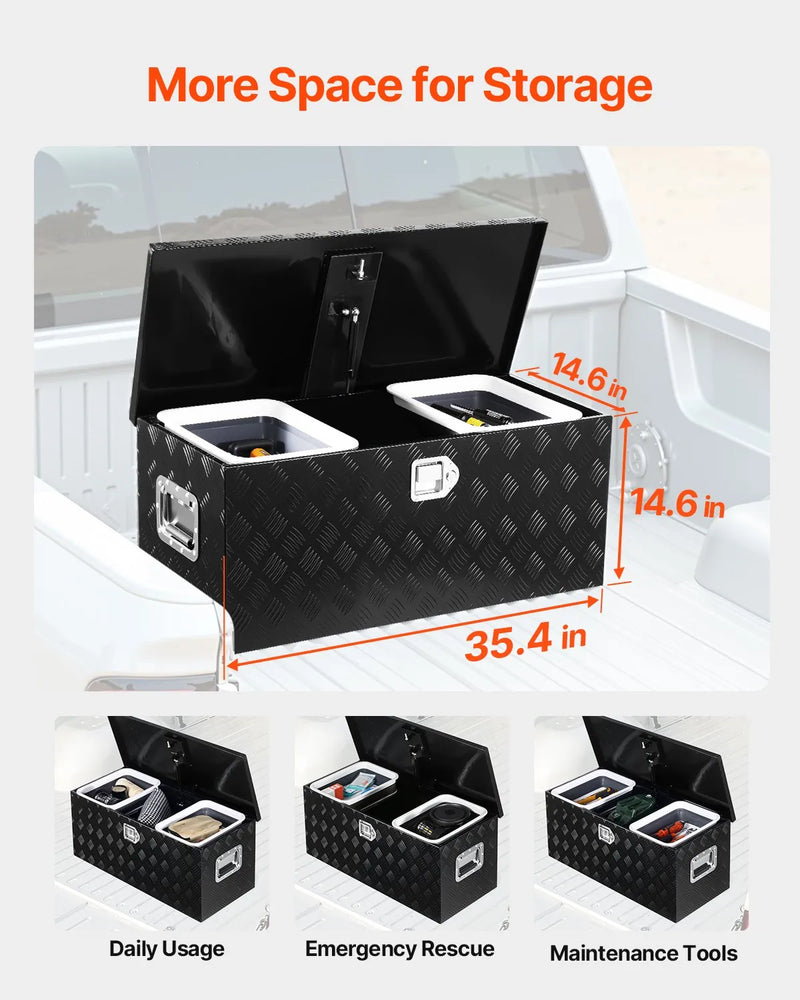 VEVOR smagās slodzes alumīnija kravas kastes instrumentu kaste ar rievotu pārklājumu, bīdāmu plauktu, sānu rokturi un slēdzeni, 899×370×370 mm, melna