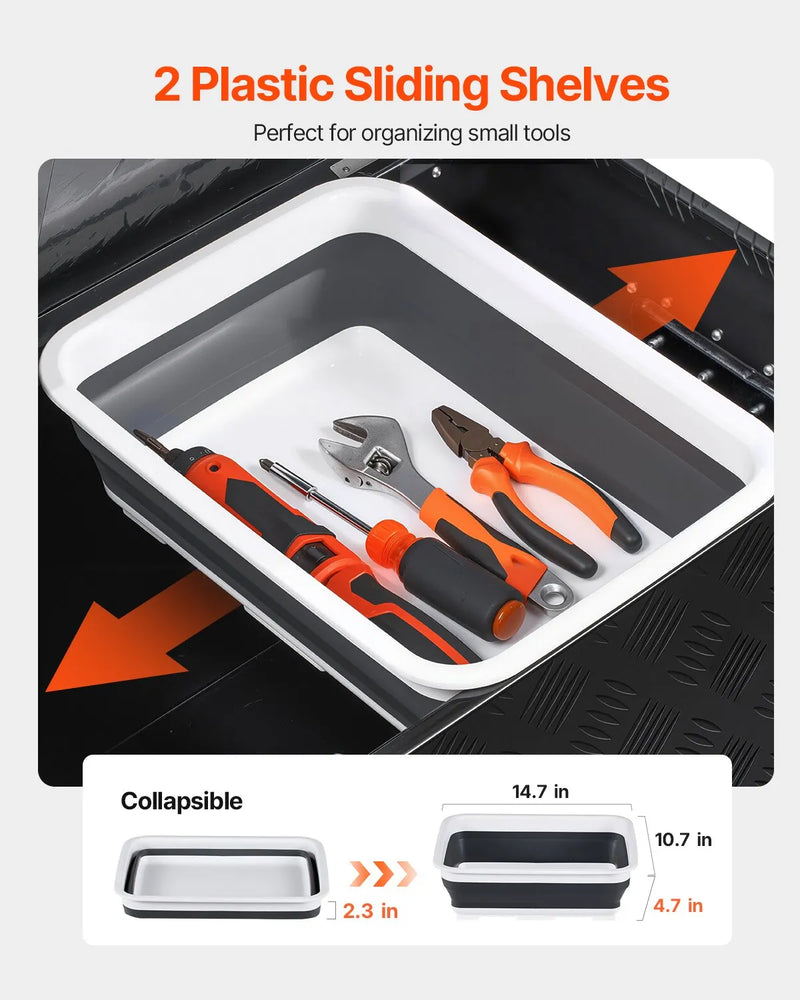 VEVOR smagās slodzes alumīnija kravas kastes instrumentu kaste ar rievotu pārklājumu, bīdāmu plauktu, sānu rokturi un slēdzeni, 899×370×370 mm, melna