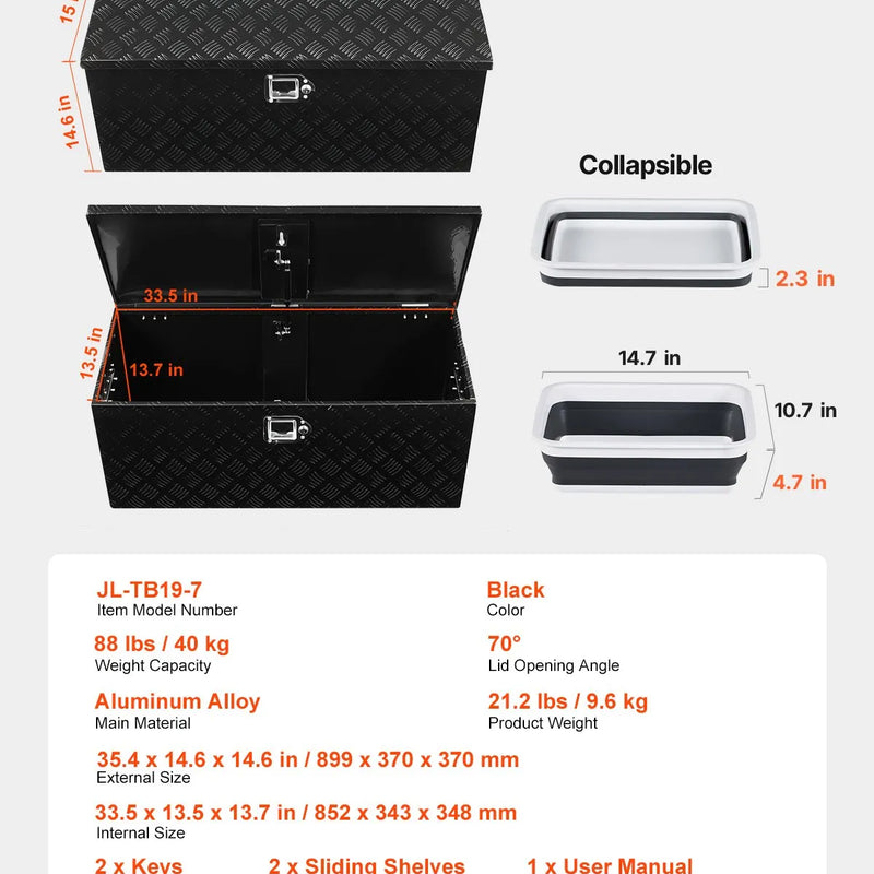 VEVOR smagās slodzes alumīnija kravas kastes instrumentu kaste ar rievotu pārklājumu, bīdāmu plauktu, sānu rokturi un slēdzeni, 899×370×370 mm, melna