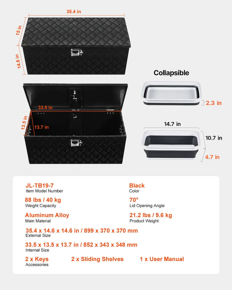 VEVOR smagās slodzes alumīnija kravas kastes instrumentu kaste ar rievotu pārklājumu, bīdāmu plauktu, sānu rokturi un slēdzeni, 899×370×370 mm, melna