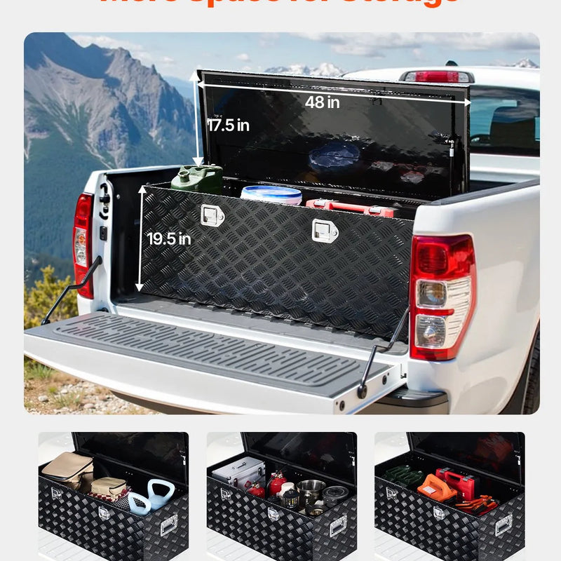 VEVOR smagās slodzes alumīnija kravas automašīnas instrumentu kaste, 1219,2×495,3×444,5 mm rievota uzglabāšanas kaste ar sānu rokturi un slēdzeni ar atslēgām, melna, piemērota piekabēm un pikapiem