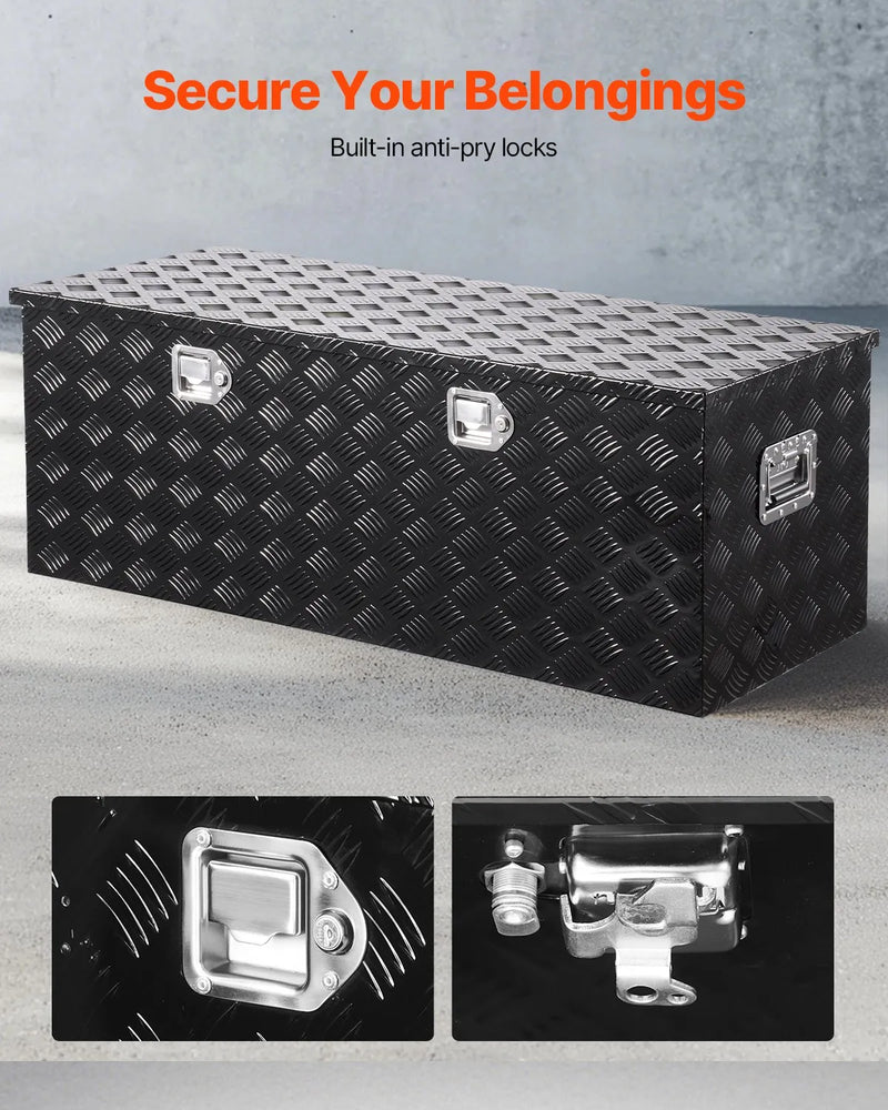 VEVOR smagās slodzes alumīnija kravas automašīnas instrumentu kaste, 1219,2×495,3×444,5 mm rievota uzglabāšanas kaste ar sānu rokturi un slēdzeni ar atslēgām, melna, piemērota piekabēm un pikapiem