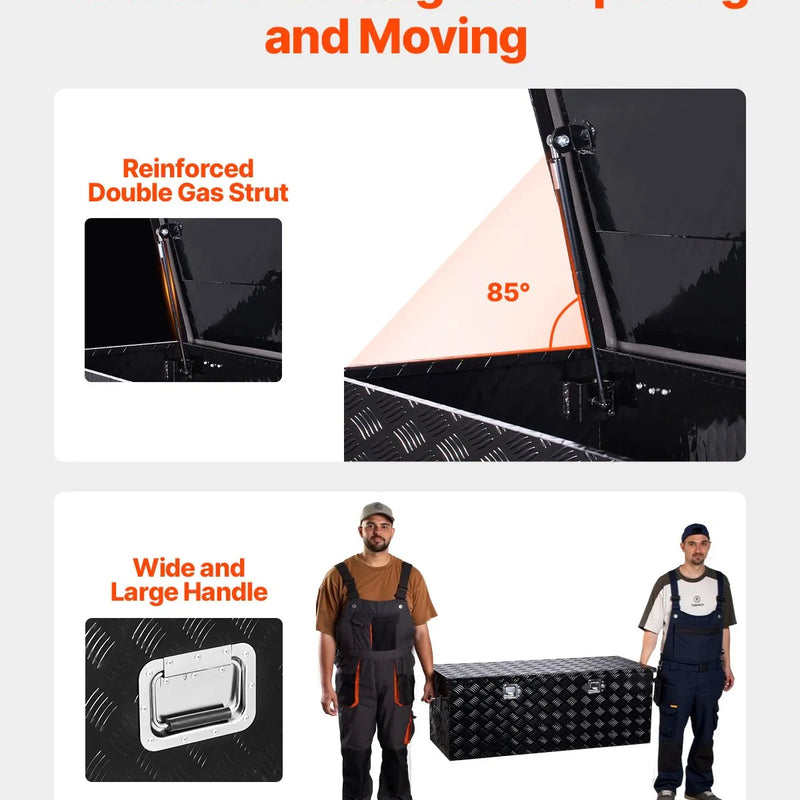 VEVOR smagās slodzes alumīnija kravas automašīnas instrumentu kaste, 1219,2×495,3×444,5 mm rievota uzglabāšanas kaste ar sānu rokturi un slēdzeni ar atslēgām, melna, piemērota piekabēm un pikapiem