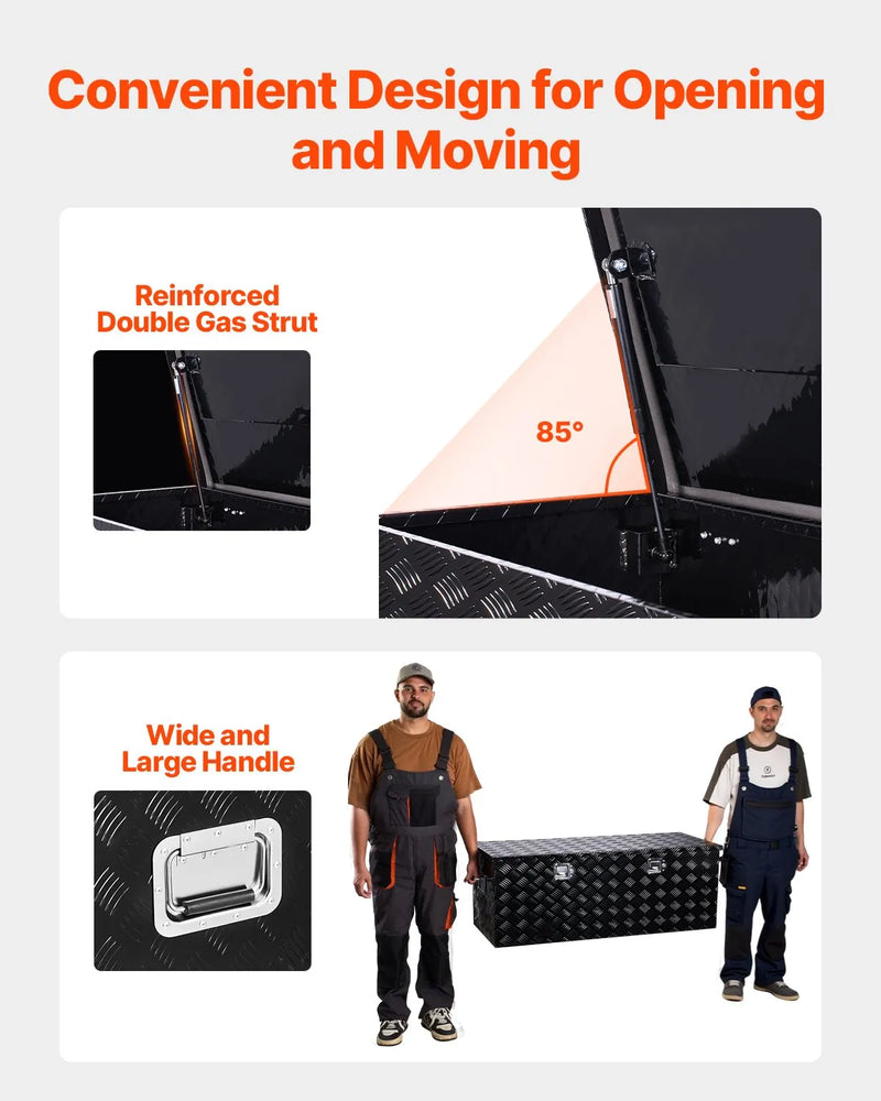 VEVOR smagās slodzes alumīnija kravas automašīnas instrumentu kaste, 1219,2×495,3×444,5 mm rievota uzglabāšanas kaste ar sānu rokturi un slēdzeni ar atslēgām, melna, piemērota piekabēm un pikapiem