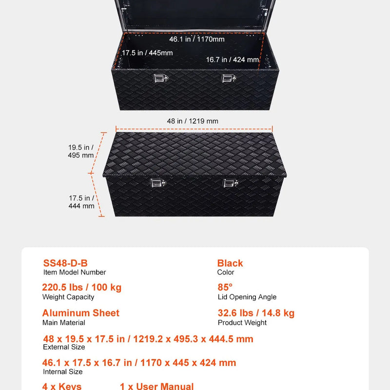 VEVOR smagās slodzes alumīnija kravas automašīnas instrumentu kaste, 1219,2×495,3×444,5 mm rievota uzglabāšanas kaste ar sānu rokturi un slēdzeni ar atslēgām, melna, piemērota piekabēm un pikapiem