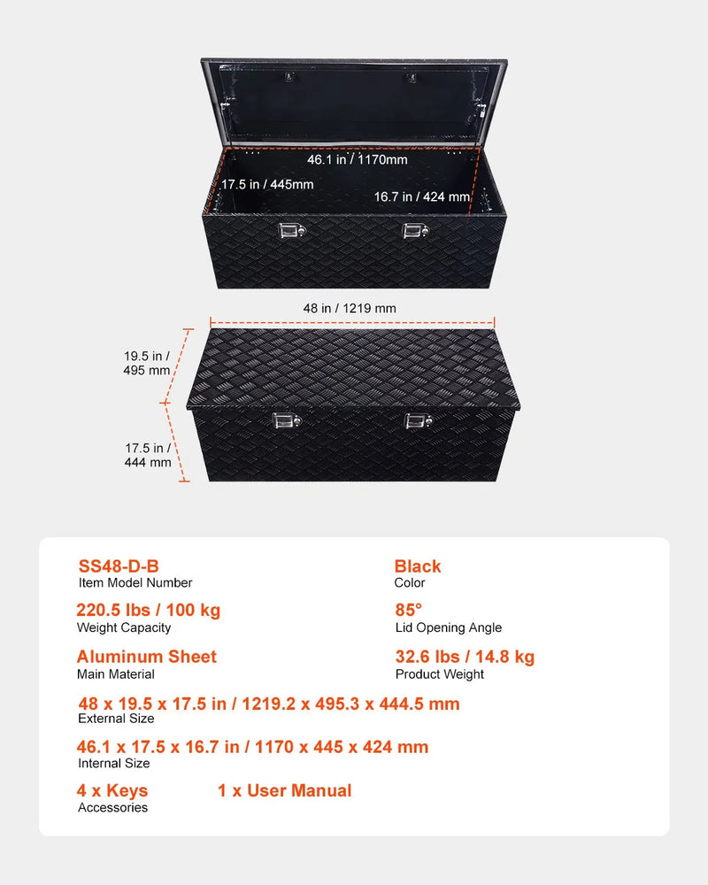 VEVOR smagās slodzes alumīnija kravas automašīnas instrumentu kaste, 1219,2×495,3×444,5 mm rievota uzglabāšanas kaste ar sānu rokturi un slēdzeni ar atslēgām, melna, piemērota piekabēm un pikapiem